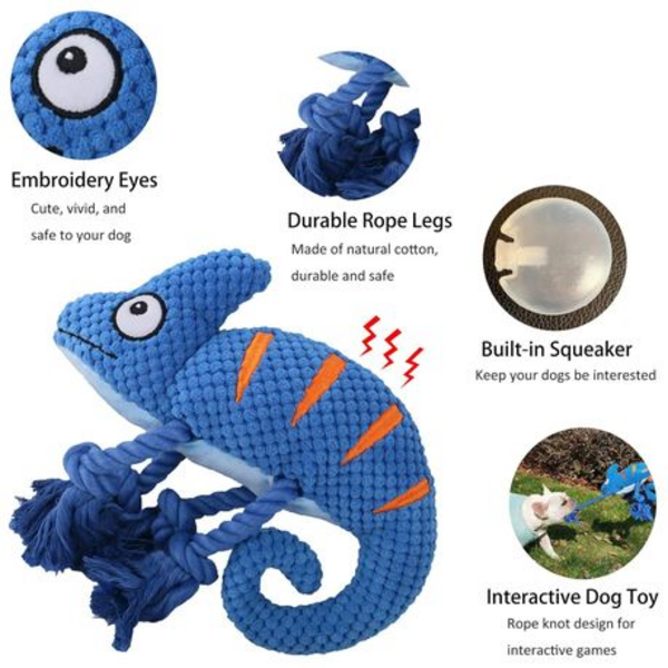 Squeaky Chameleon Rope Dog Toy (26cm) - Plush Chew & Tug Toy