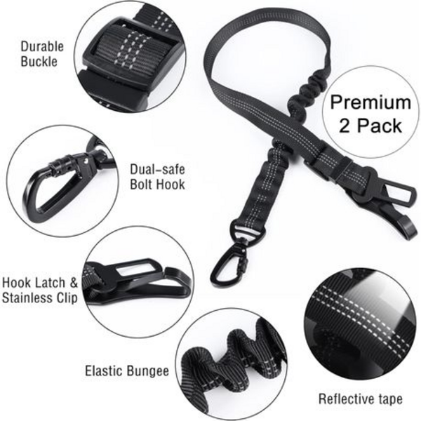 2 Pack Adjustable Premium Dog Bungee Seatbelt