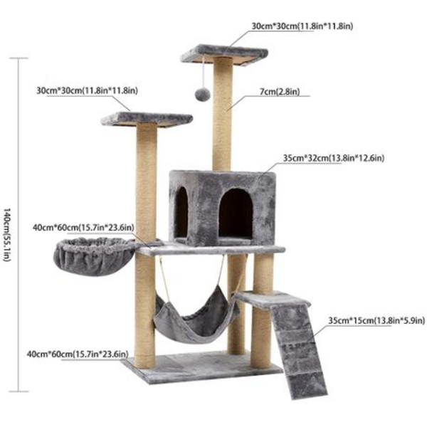 140cm Multi-Level Cat Tree with Condo, Hammock, Basket Bed & Scratch Posts