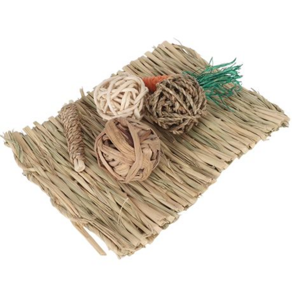 Hamster Chew Toy Set - Straw Mat, Rattan Balls, Carrot & Stick
