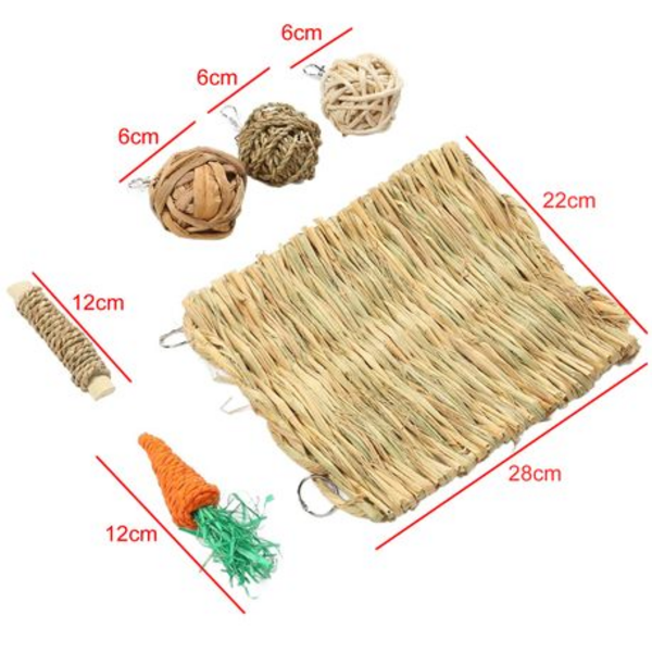 Hamster Chew Toy Set - Straw Mat, Rattan Balls, Carrot & Stick