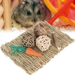 Hamster Chew Toy Set - Straw Mat, Rattan Balls, Carrot & Stick - Image 2