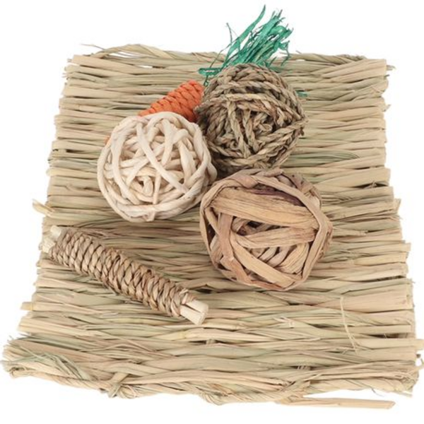 Hamster Chew Toy Set - Straw Mat, Rattan Balls, Carrot & Stick