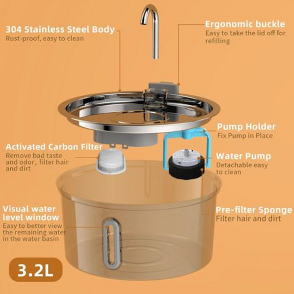 3.2L 304 Stainless Steel Pet Water Fountain with Double Filtration