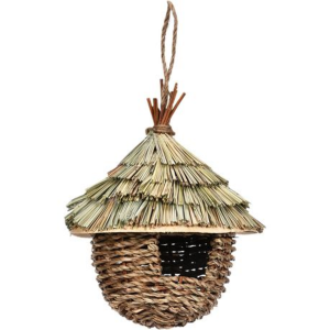 Hanging Straw Birdhouse with Thatched Roof and Rope - 22cm
