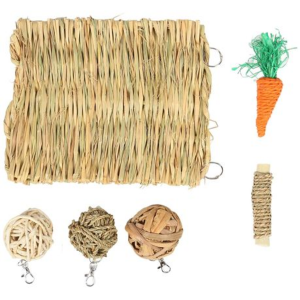 Hamster Chew Toy Set - Straw Mat, Rattan Balls, Carrot & Stick