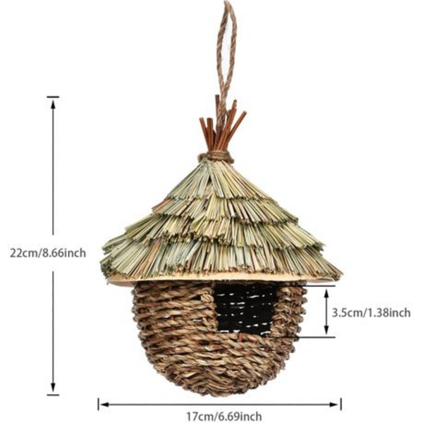 Hanging Straw Birdhouse with Thatched Roof and Rope - 22cm
