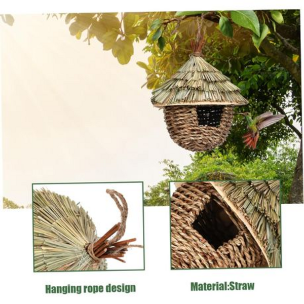 Hanging Straw Birdhouse with Thatched Roof and Rope - 22cm