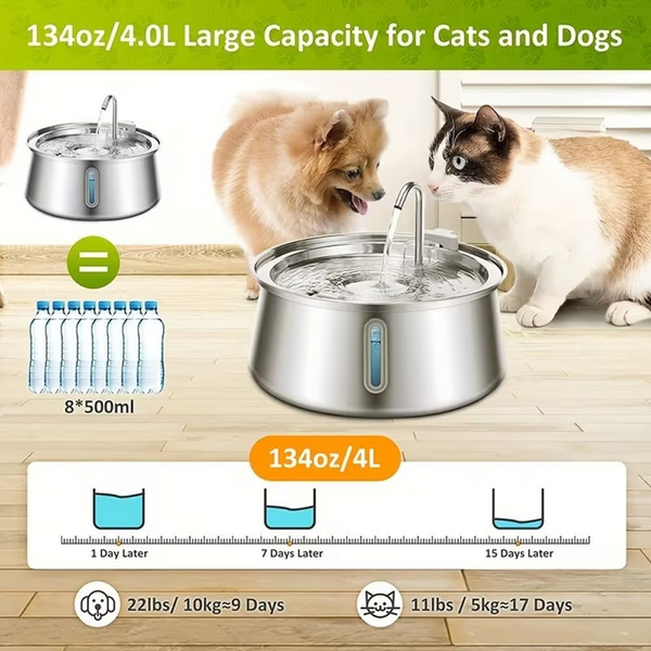 4.0L 304 Stainless Steel Pet Water Fountain with Filter - Quiet Flow