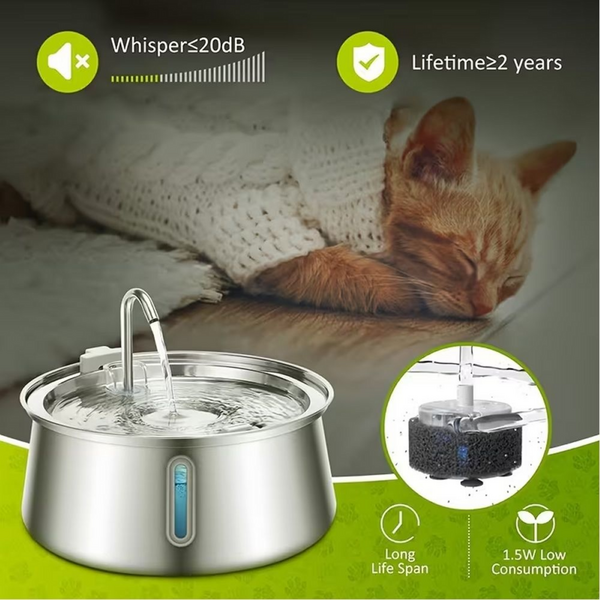 4.0L 304 Stainless Steel Pet Water Fountain with Filter - Quiet Flow