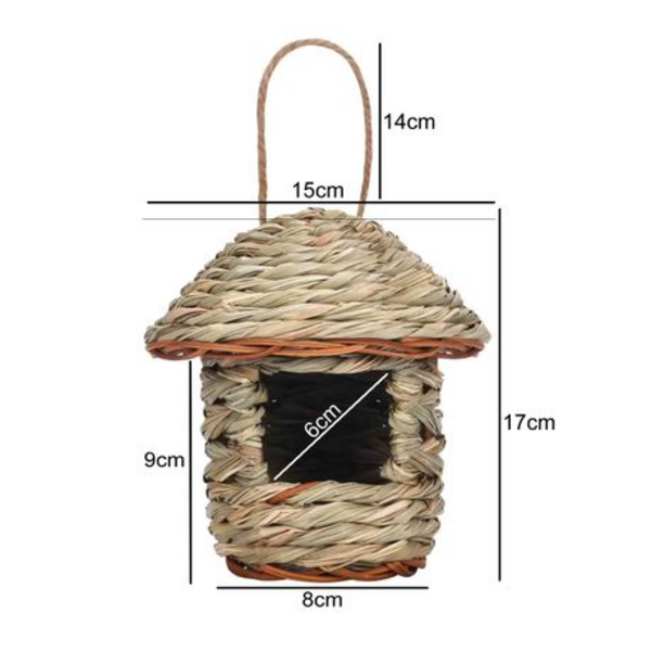 Handwoven Hanging Straw Bird Feeder House with Rope Loop (17cm)
