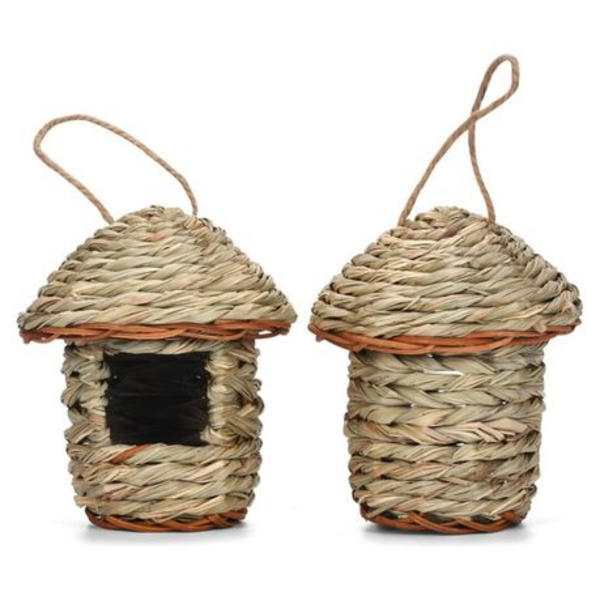 Handwoven Hanging Straw Bird Feeder House with Rope Loop (17cm)
