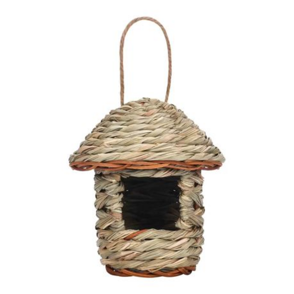 Handwoven Hanging Straw Bird Feeder House with Rope Loop (17cm)