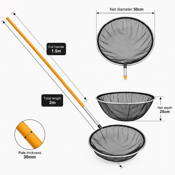 Fish Pond Net 50cm - 2m Total Length, Solid Wood Handle