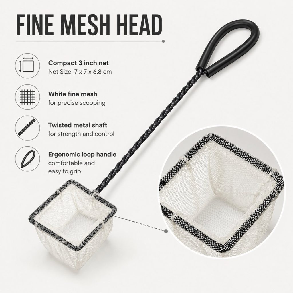 Fine Mesh Aquarium Net With Rubber Coated Handle - Select Size