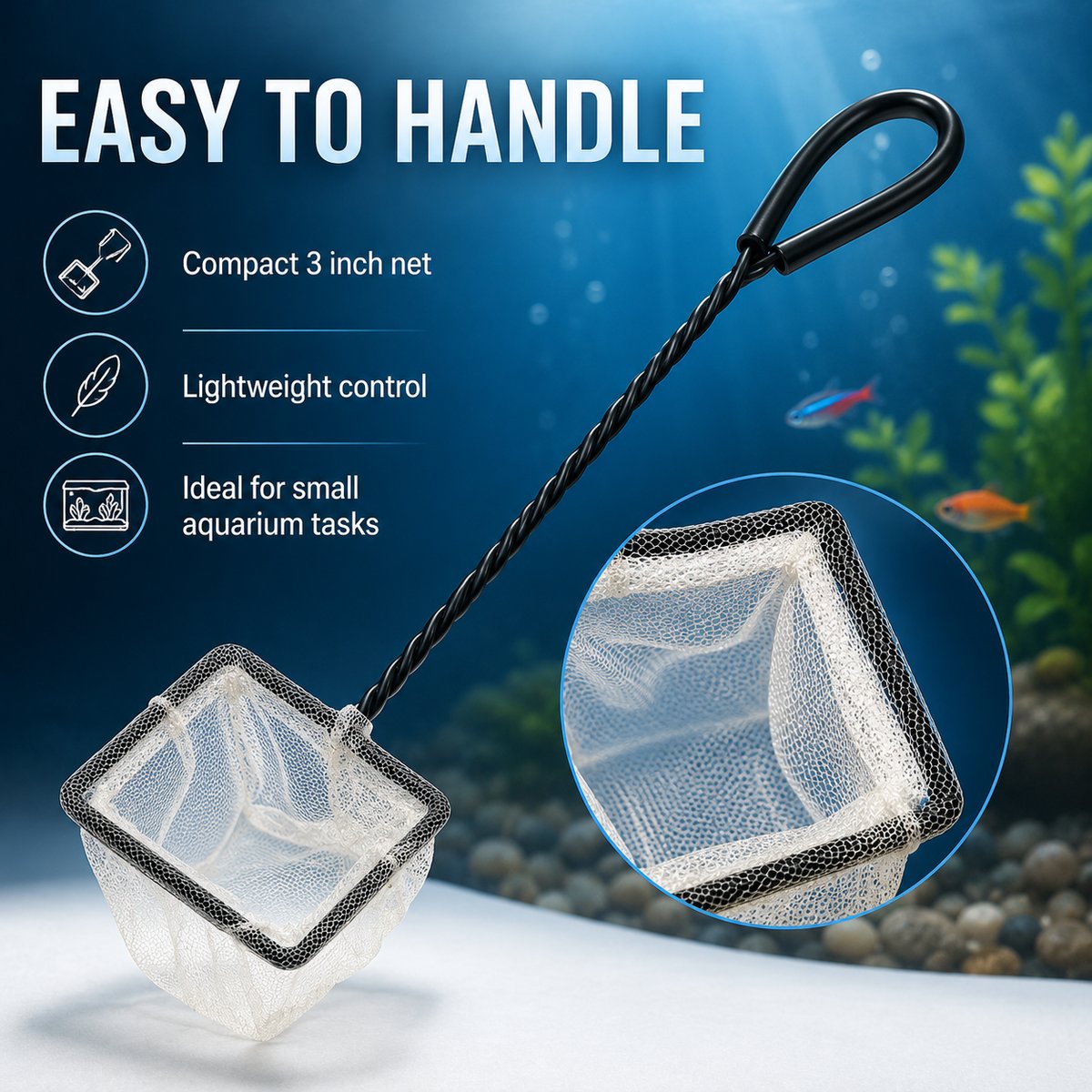 Fine Mesh Aquarium Net With Rubber Coated Handle - Select Size - Image 4