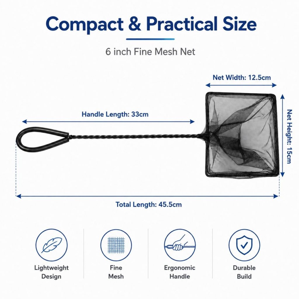 Fine Mesh Aquarium Net With Rubber Coated Handle - Select Size