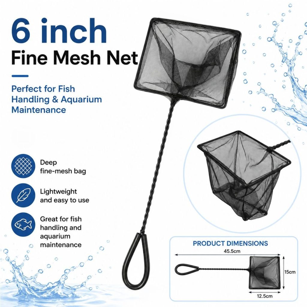 Fine Mesh Aquarium Net With Rubber Coated Handle - Select Size