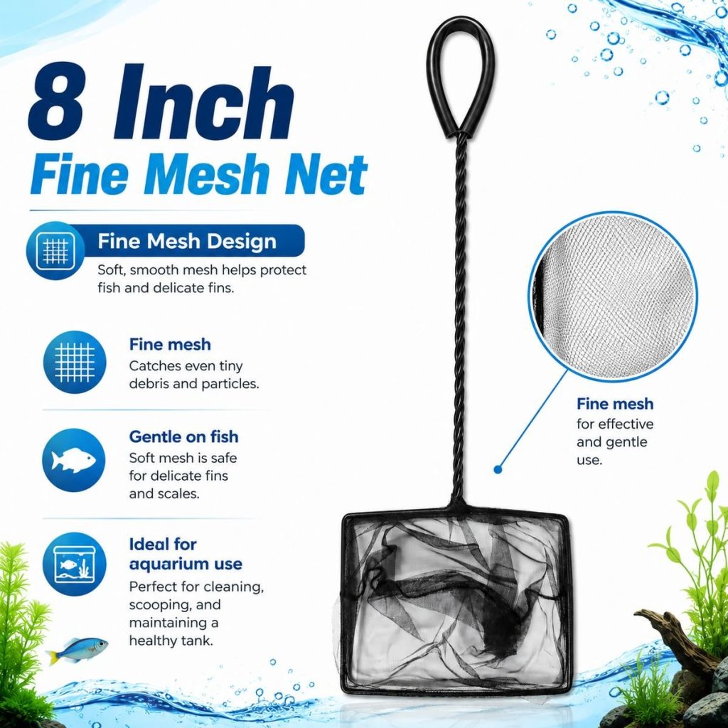 Fine Mesh Aquarium Net With Rubber Coated Handle - Select Size